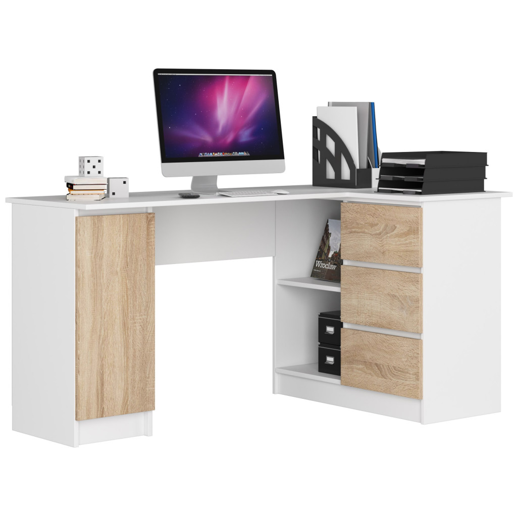 Jobbos L alakú sarok íróasztal 3 fiókkal és polcokkal, 16 mm laminált forgácslap, 155x85x77 cm, fehér és sonoma tölgy