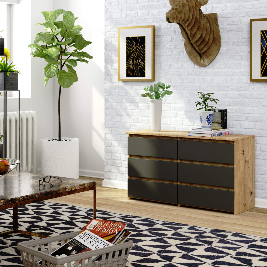 Comoda cu 6 sertare, PAL laminat, 100x35x57 cm, stejar artisan si gri - Image 5