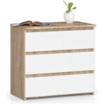 Éjjeliszekrény 3 fiókkal, 16 mm-es laminált forgácslapból, 60 × 35 × 57 cm, sonoma tölgy/fehér