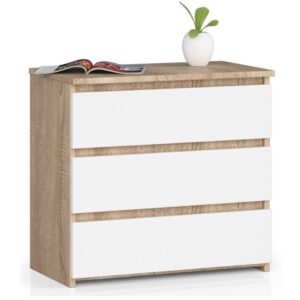 Éjjeliszekrény 3 fiókkal, 16 mm-es laminált forgácslapból, 60 × 35 × 57 cm, sonoma tölgy/fehér