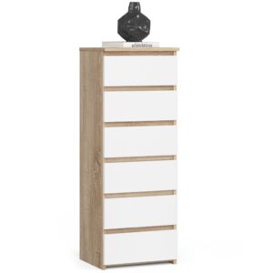 6 fiókos komód, 16 mm laminált forgácslap, 40x35x109 cm, sonoma tölgy és fehér