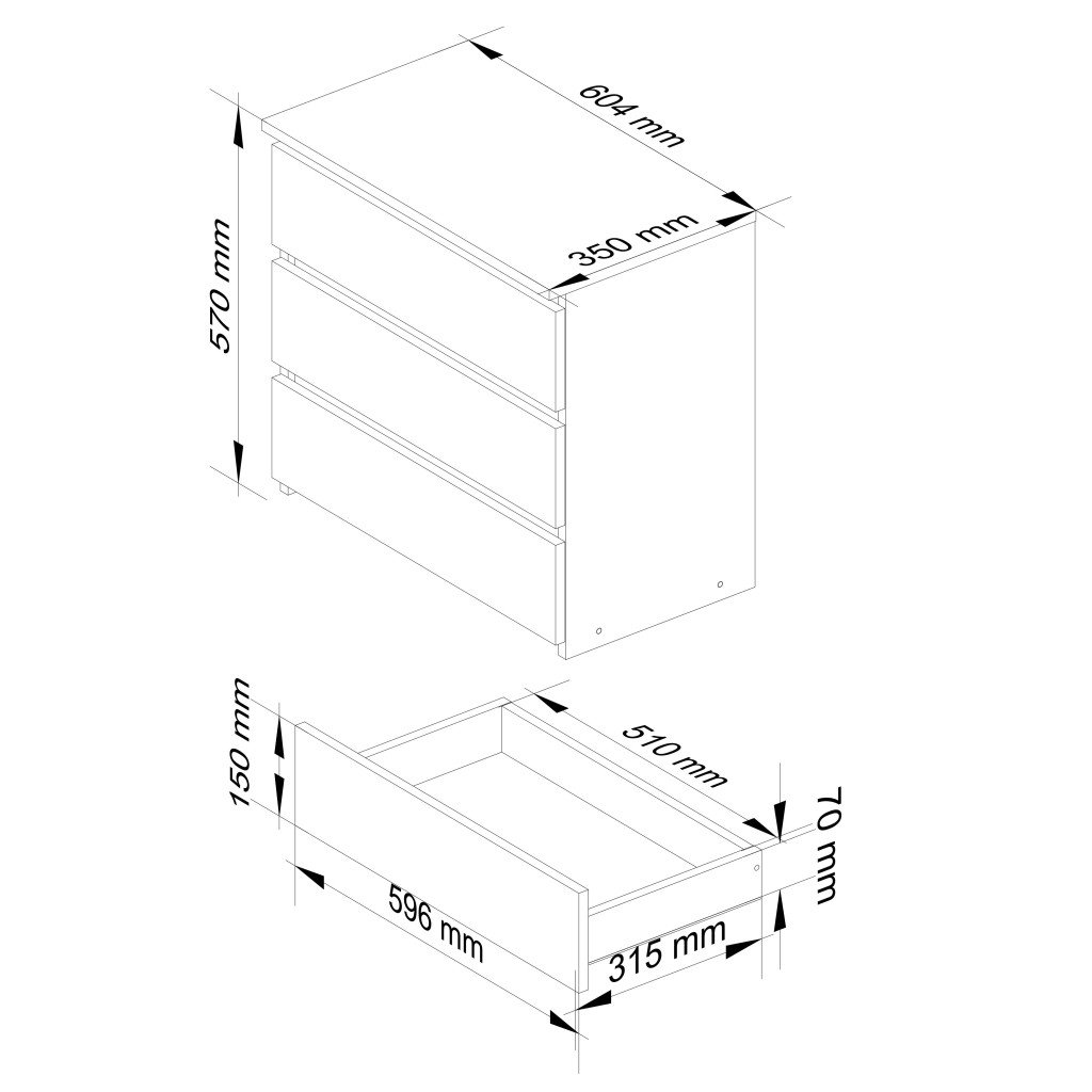 Éjjeliszekrény 3 fiókkal, 16 mm-es laminált forgácslapból, 60 × 35 × 57 cm, artisan tölgy/szürke - Image 2