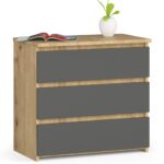 Éjjeliszekrény 3 fiókkal, 16 mm-es laminált forgácslapból, 60 × 35 × 57 cm, artisan tölgy/szürke