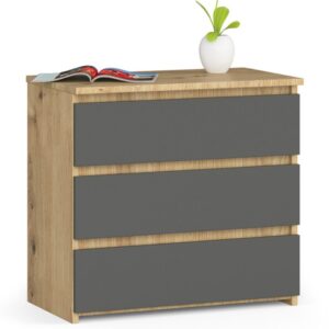 Éjjeliszekrény 3 fiókkal, 16 mm-es laminált forgácslapból, 60 × 35 × 57 cm, artisan tölgy/szürke