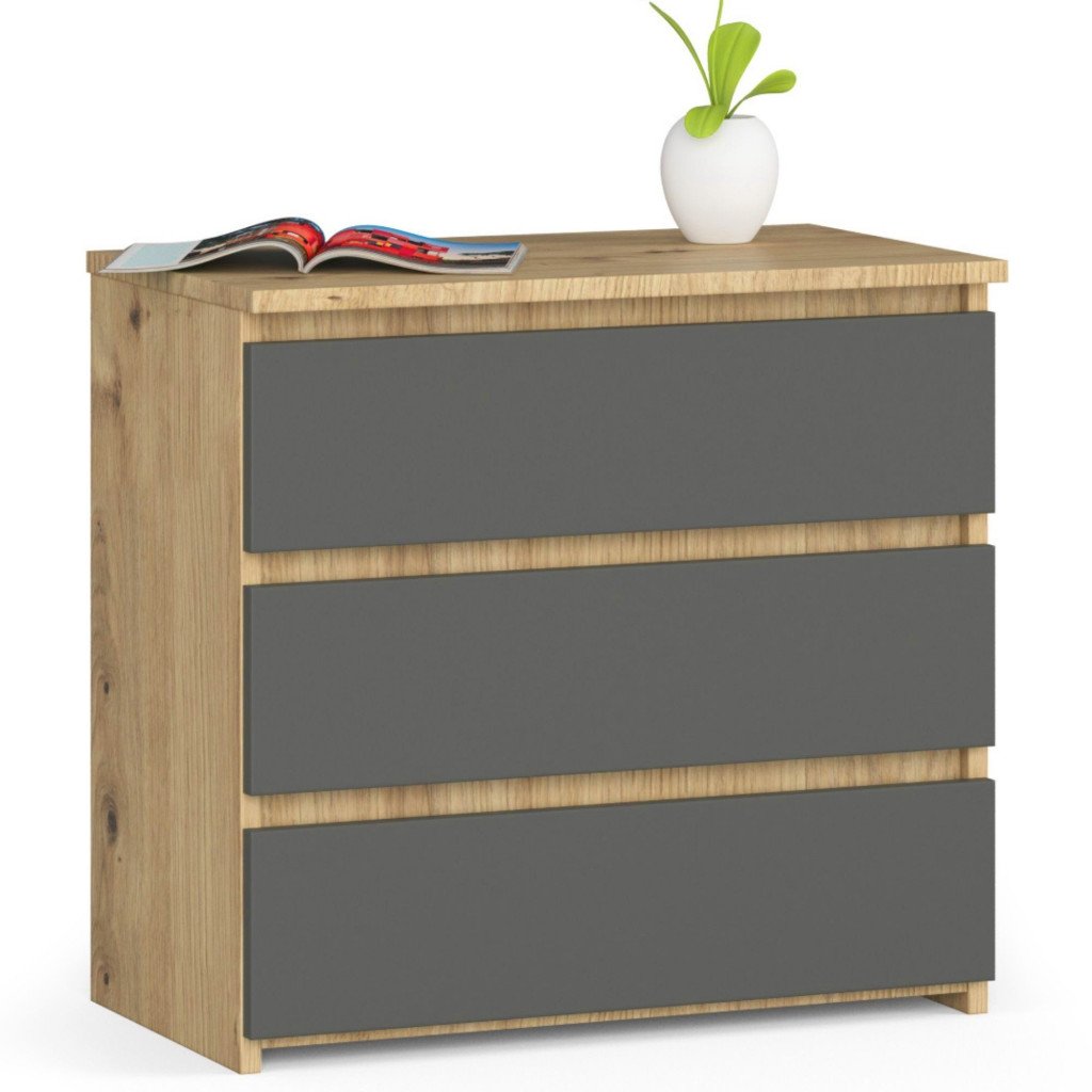 Éjjeliszekrény 3 fiókkal, 16 mm-es laminált forgácslapból, 60 × 35 × 57 cm, artisan tölgy/szürke