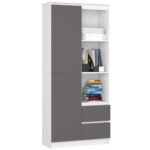 Szekrény 1 ajtóval, 2 fiókkal és 7 polccal, 16 mm laminált forgácslap, 80x35x180 cm, fehér és szürke