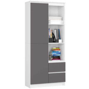Szekrény 1 ajtóval, 2 fiókkal és 7 polccal, 16 mm laminált forgácslap, 80x35x180 cm, fehér és szürke