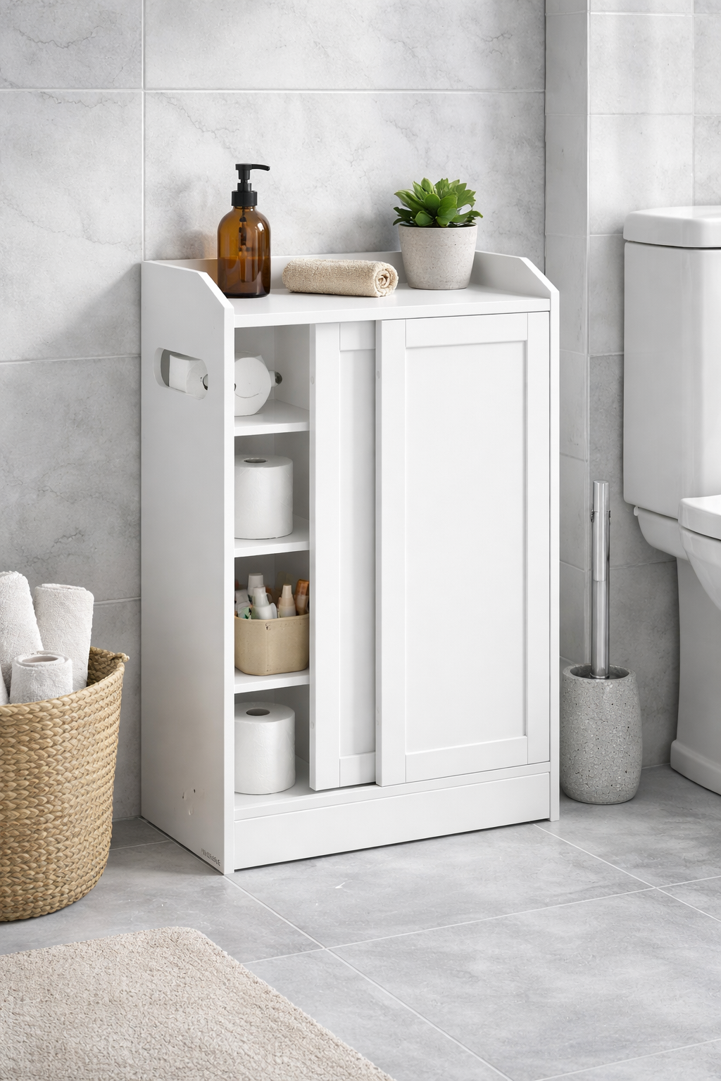 VASAGLE keskeny fürdőszobai szekrény WC-papír tartóval és WC-kefe rekesszel, tolóajtókkal, állítható polcokkal, 20x60x80 cm, fehér - Image 3