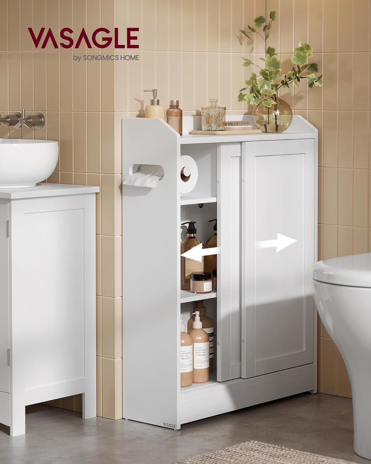 VASAGLE keskeny fürdőszobai szekrény WC-papír tartóval és WC-kefe rekesszel, tolóajtókkal, állítható polcokkal, 20x60x80 cm, fehér - Image 5
