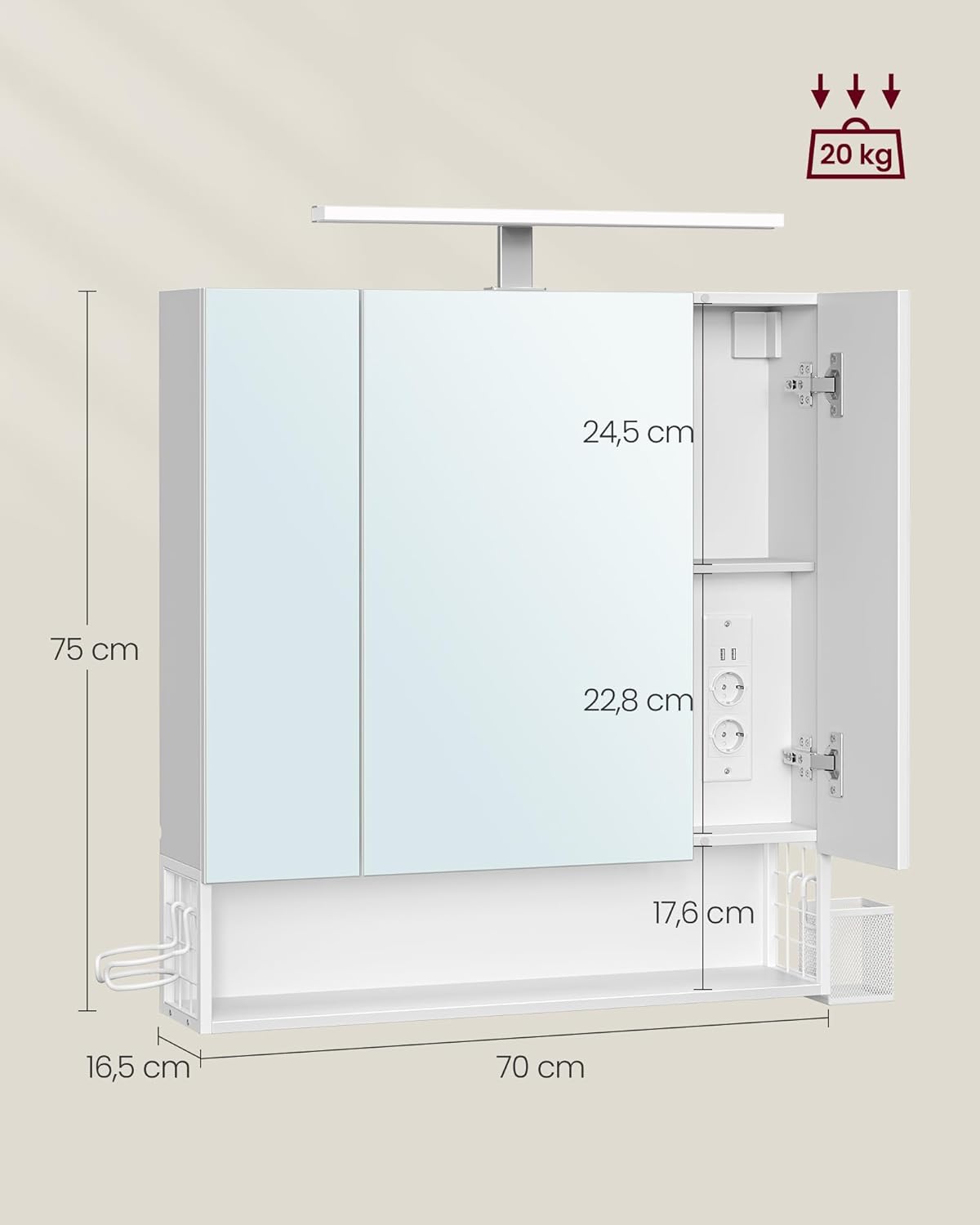 VASAGLE Falra szerelhető fürdőszobai szekrény tükörrel és LED világítással, beépített konnektorokkal és USB csatlakozókkal, 70x16x75 cm, fehér - Image 2