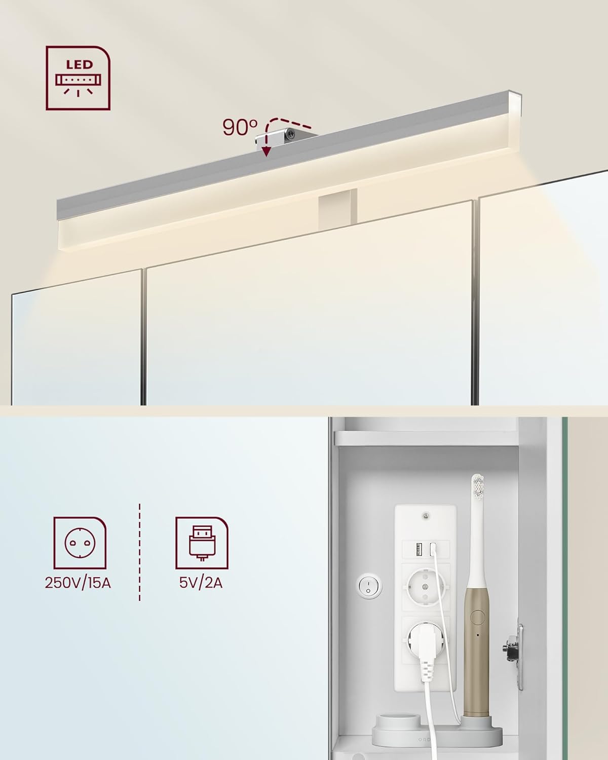 VASAGLE Falra szerelhető fürdőszobai szekrény tükörrel és LED világítással, beépített konnektorokkal és USB csatlakozókkal, 70x16x75 cm, fehér - Image 3