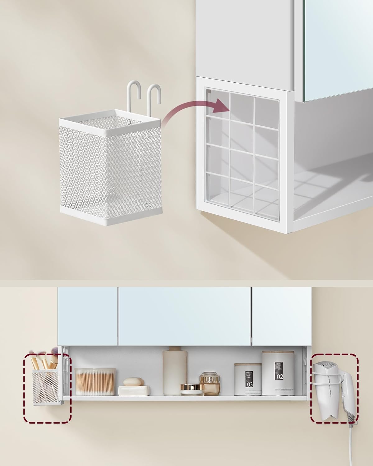 VASAGLE Falra szerelhető fürdőszobai szekrény tükörrel és LED világítással, beépített konnektorokkal és USB csatlakozókkal, 70x16x75 cm, fehér - Image 4