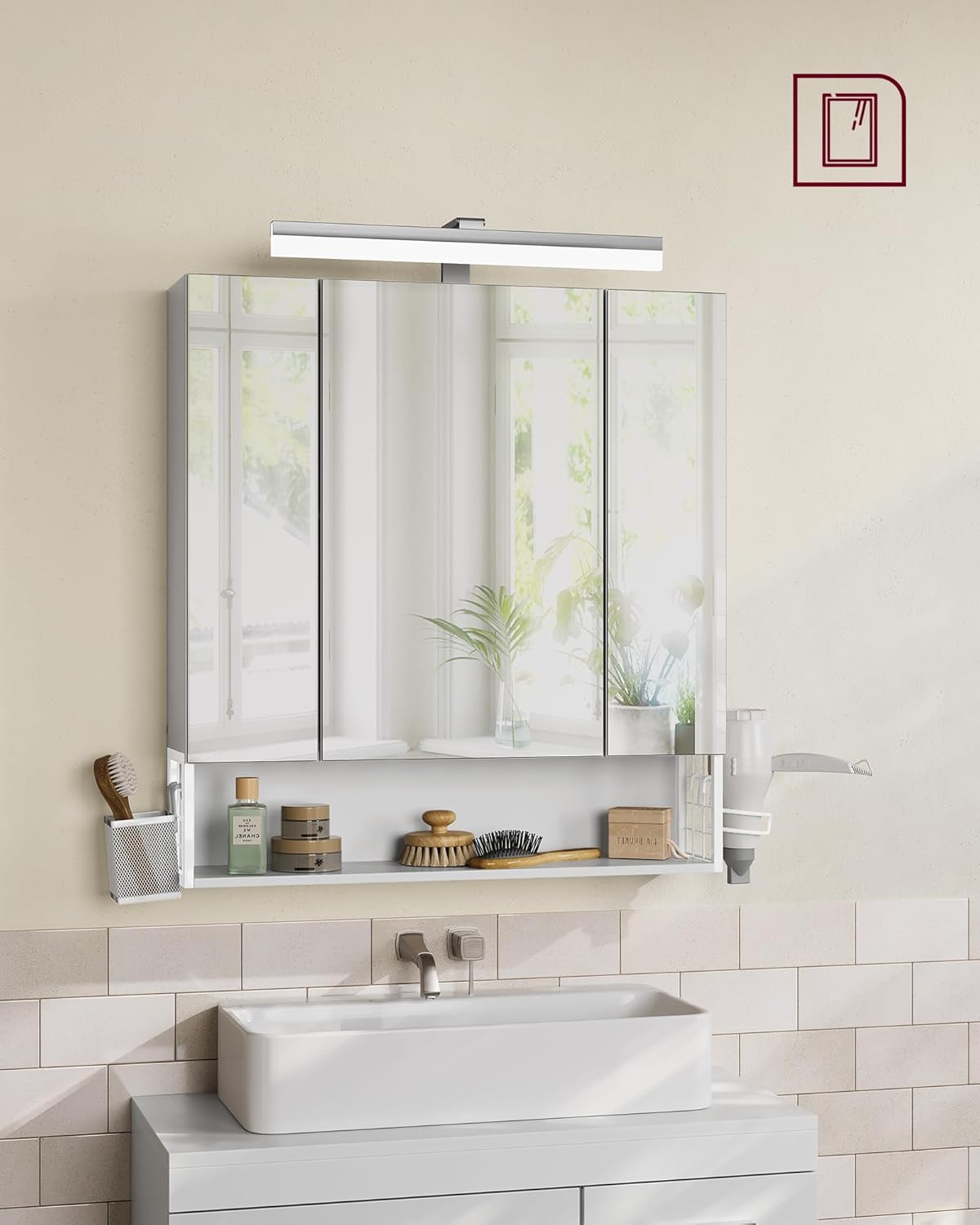 VASAGLE Falra szerelhető fürdőszobai szekrény tükörrel és LED világítással, beépített konnektorokkal és USB csatlakozókkal, 70x16x75 cm, fehér - Image 7