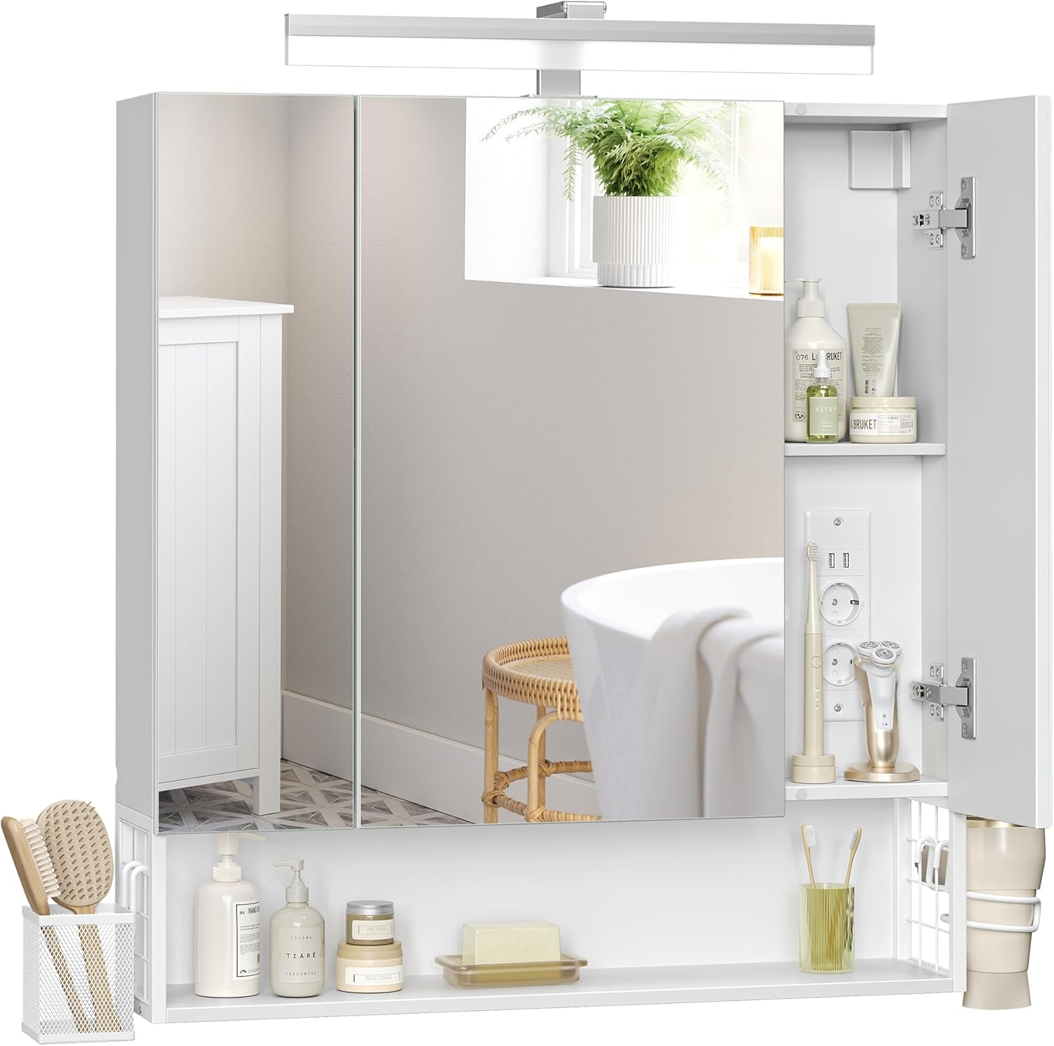 VASAGLE Falra szerelhető fürdőszobai szekrény tükörrel és LED világítással, beépített konnektorokkal és USB csatlakozókkal, 70x16x75 cm, fehér - Image 8