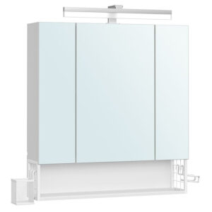 VASAGLE Falra szerelhető fürdőszobai szekrény tükörrel és LED világítással, beépített konnektorokkal és USB csatlakozókkal, 70x16x75 cm, fehér