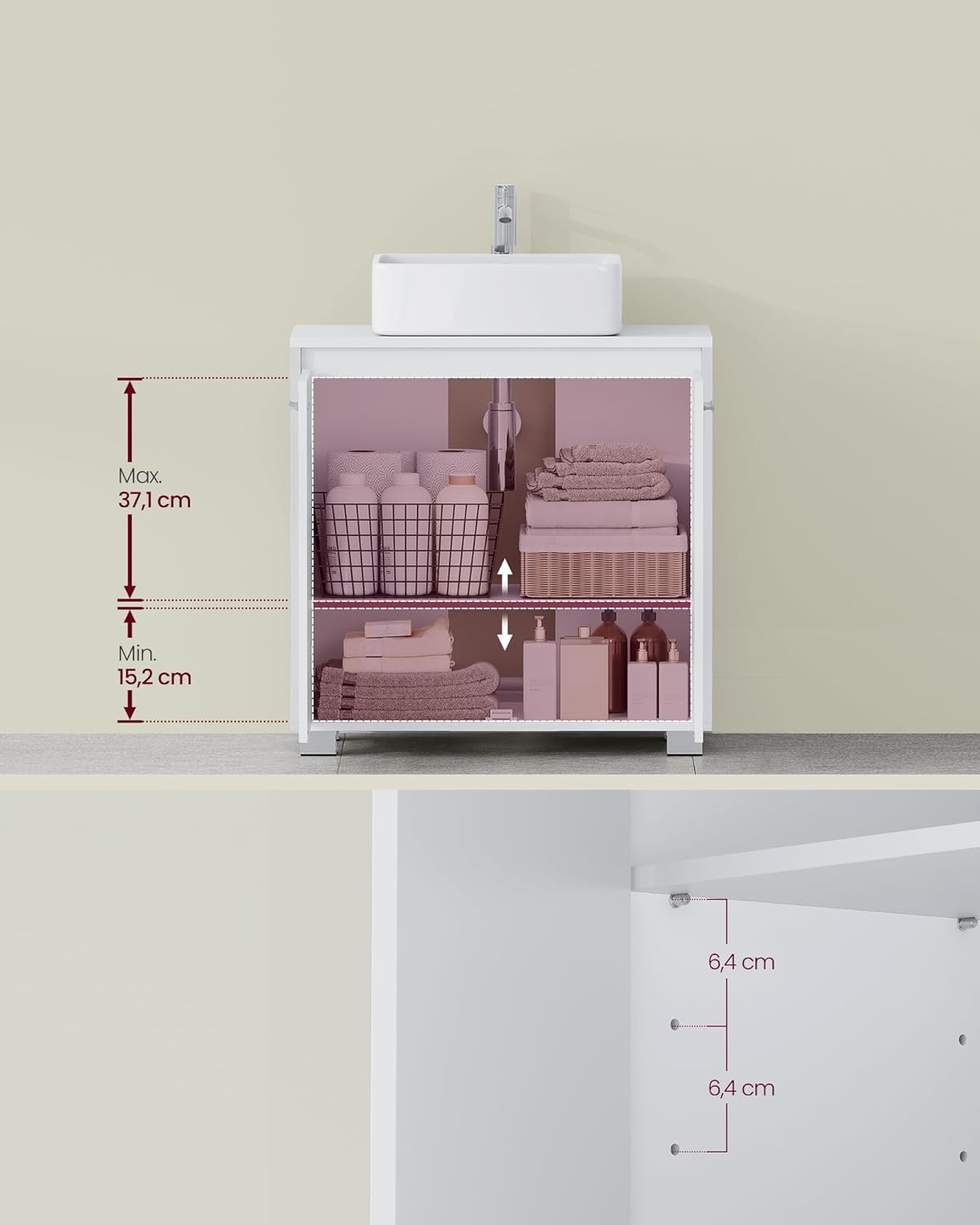 VASAGLE Mosdó alatti fürdőszobaszekrény, MDF, 2 rekesz, állítható belső polc, 30x60x60 cm, fehér - Image 6