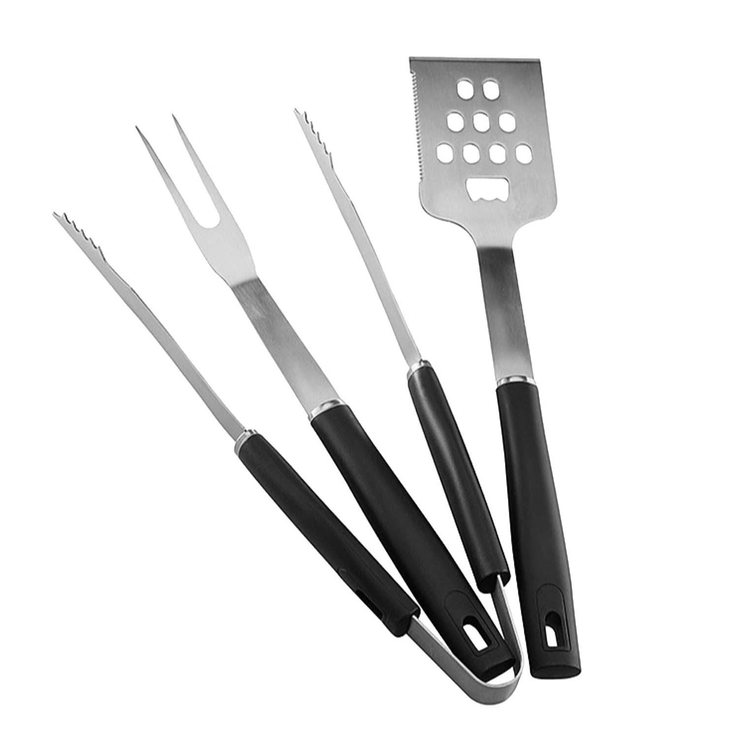 3 részes rozsdamentes acél grillező eszközkészlet fa nyéllel, spatula, fogó és villa.