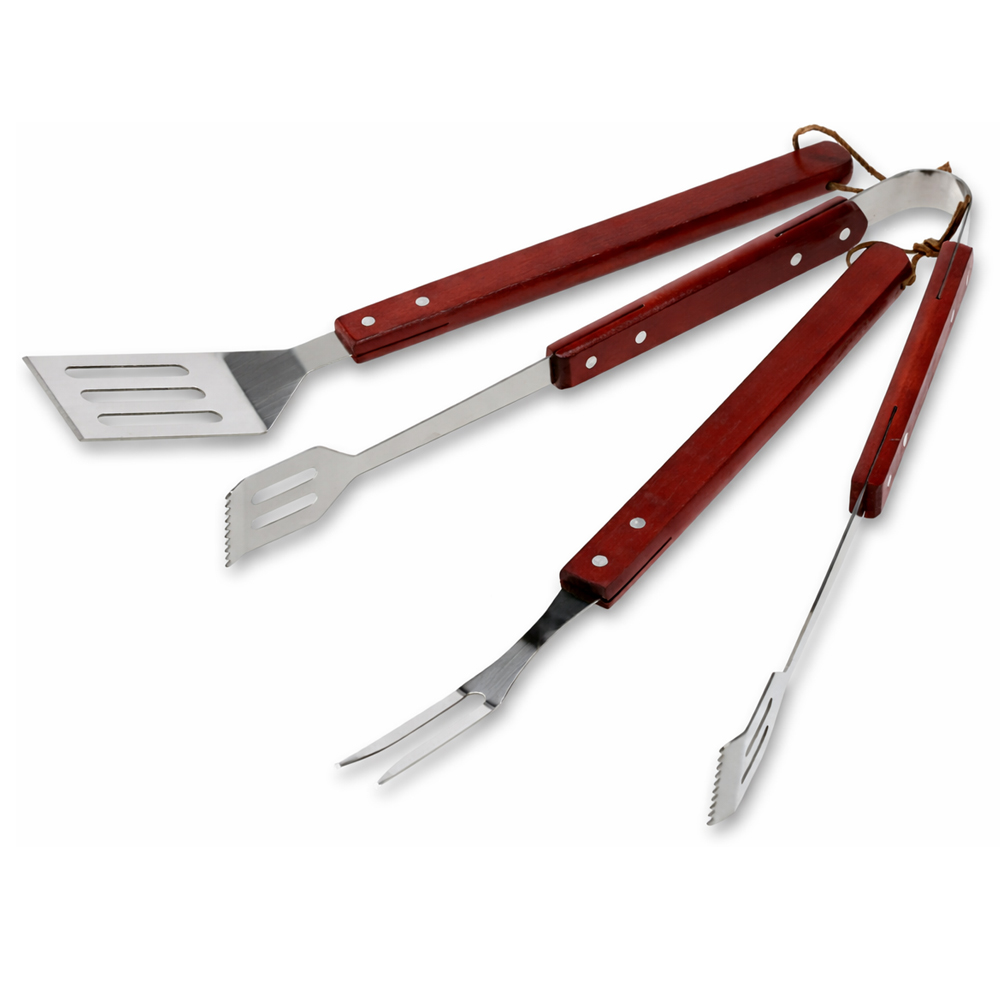 3 részes rozsdamentes acél grillező eszközkészlet fa nyéllel, spatula, villa és fogó