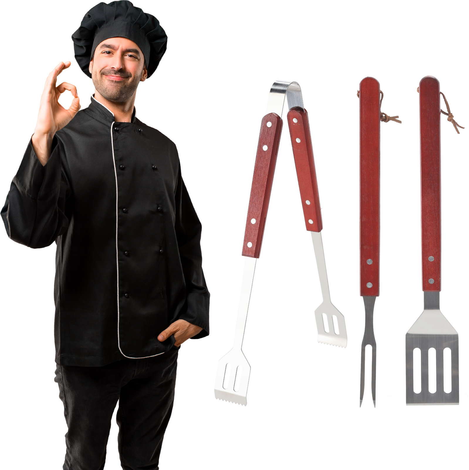 3 részes rozsdamentes acél grillező eszközkészlet fa nyéllel, spatula, villa és fogó - Image 2