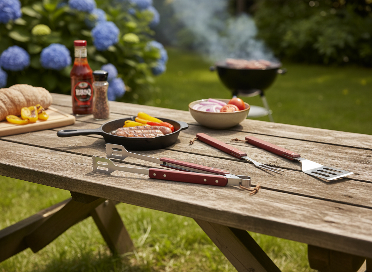 3 részes rozsdamentes acél grillező eszközkészlet fa nyéllel, spatula, villa és fogó - Image 7