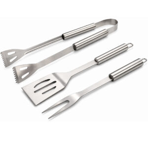 3 részes rozsdamentes acél grillező eszközkészlet, spatula, villa és fogó, hordtáskával.