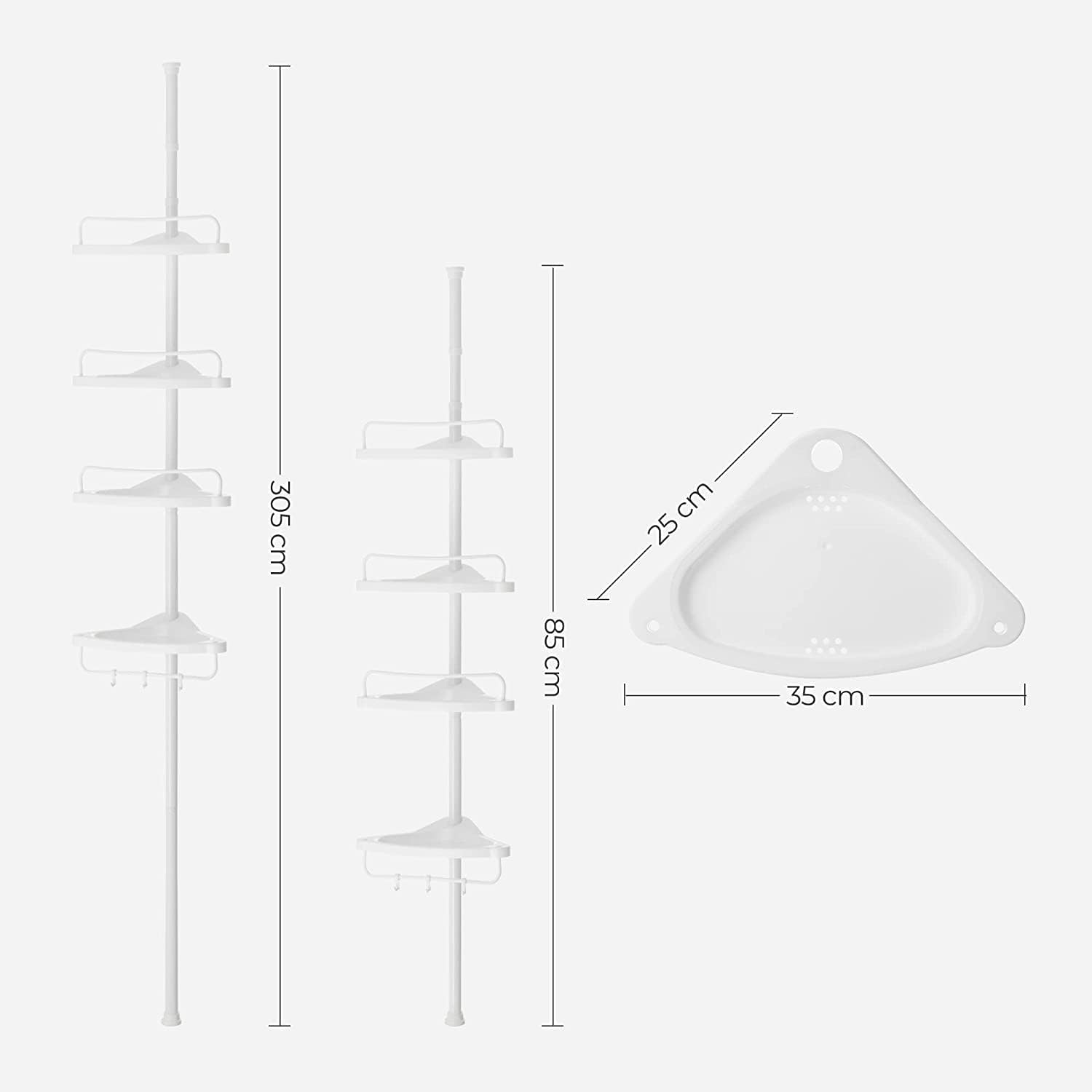 SONGMICS sarok zuhanypolc, 4 polccal, állítható magasság 85–305 cm, acél és PP műanyag, fehér - Image 3