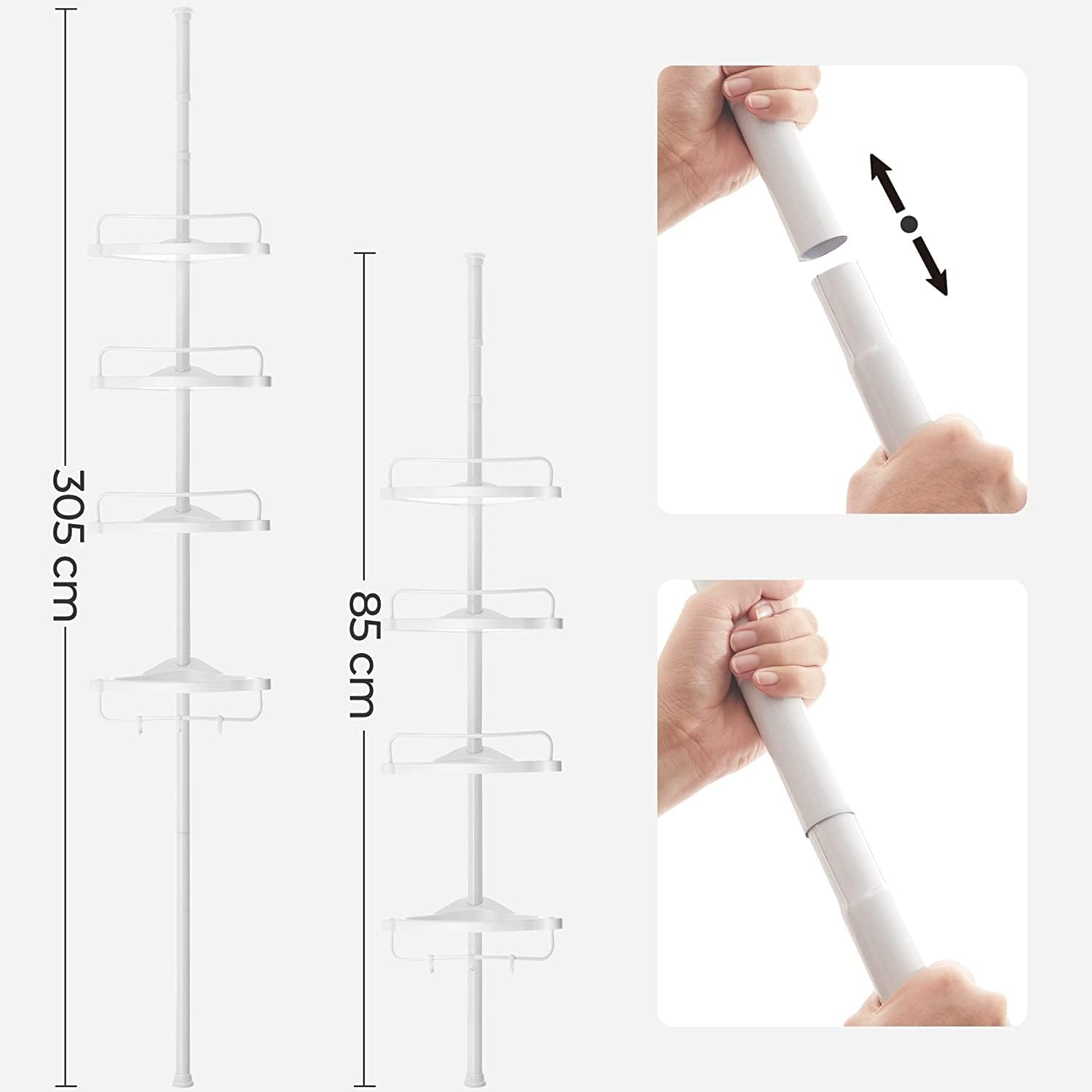 SONGMICS sarok zuhanypolc, 4 polccal, állítható magasság 85–305 cm, acél és PP műanyag, fehér - Image 5