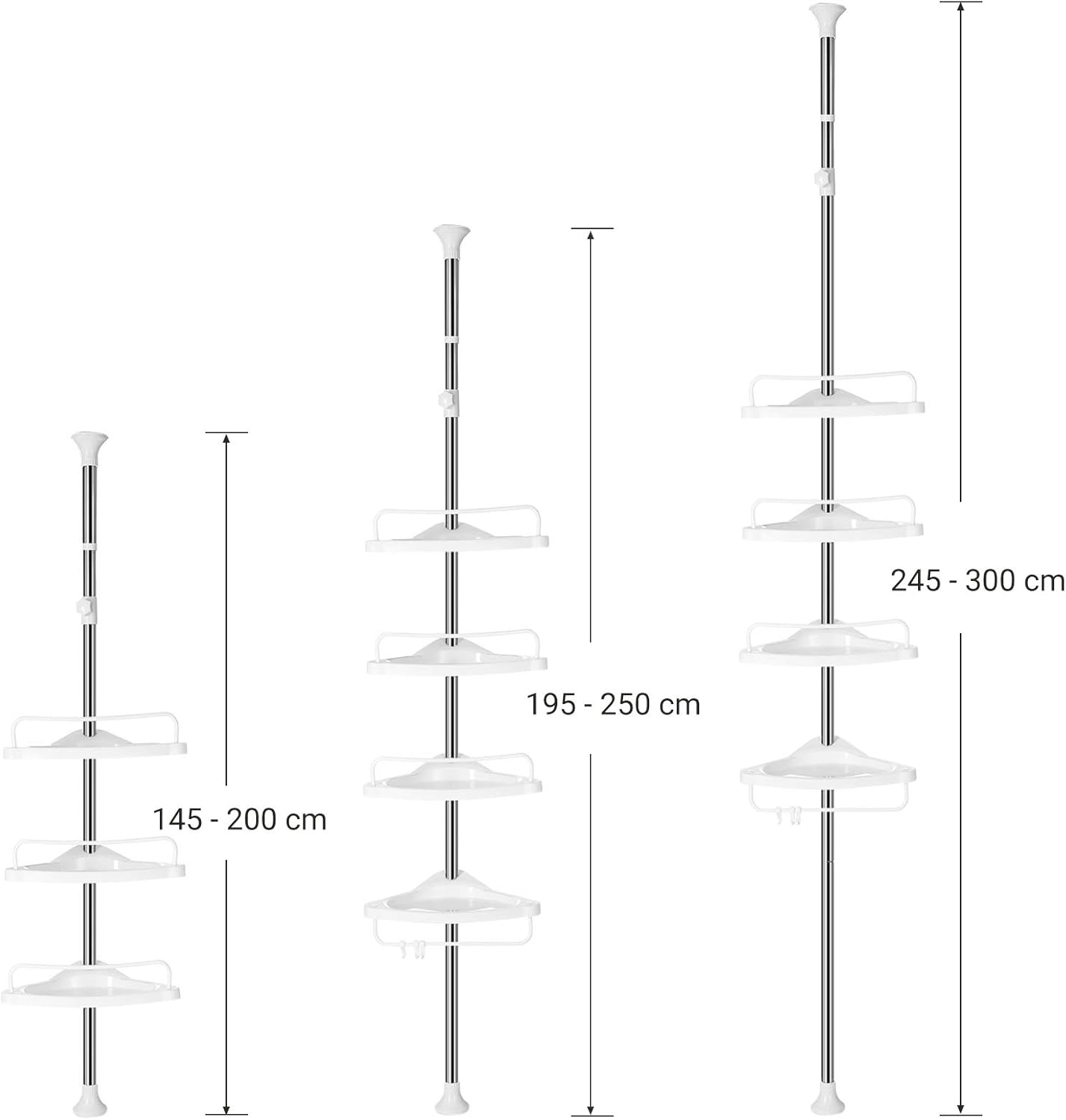 SONGMICS sarokpolc zuhanyzóhoz, 4 polccal, állítható magasság 95–300 cm, acél és PP műanyag, fehér - Image 3