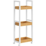 SONGMICS Keskeny fürdőszobai gurulós tárolópolc, bambuszból és MDF-ből, 20 x 30 x 80 cm, fehér és natúr barna