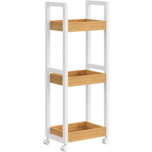 SONGMICS Keskeny fürdőszobai gurulós tárolópolc, bambuszból és MDF-ből, 20 x 30 x 80 cm, fehér és natúr barna