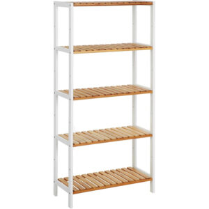 SONGMICS Bambusz tárolópolc, 5 polccal, konyhába vagy fürdőszobába, 130x60x26 cm, fehér és natúr barna
