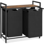 VASAGLE szennyeskosár 2 rekesszel, kivehető szennyeszsákokkal, polccal és fémvázzal, 2x46 l, 73x33x72 cm, rusztikus barna és fekete