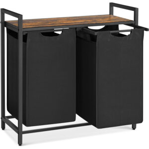 VASAGLE szennyeskosár 2 rekesszel, kivehető szennyeszsákokkal, polccal és fémvázzal, 2x46 l, 73x33x72 cm, rusztikus barna és fekete