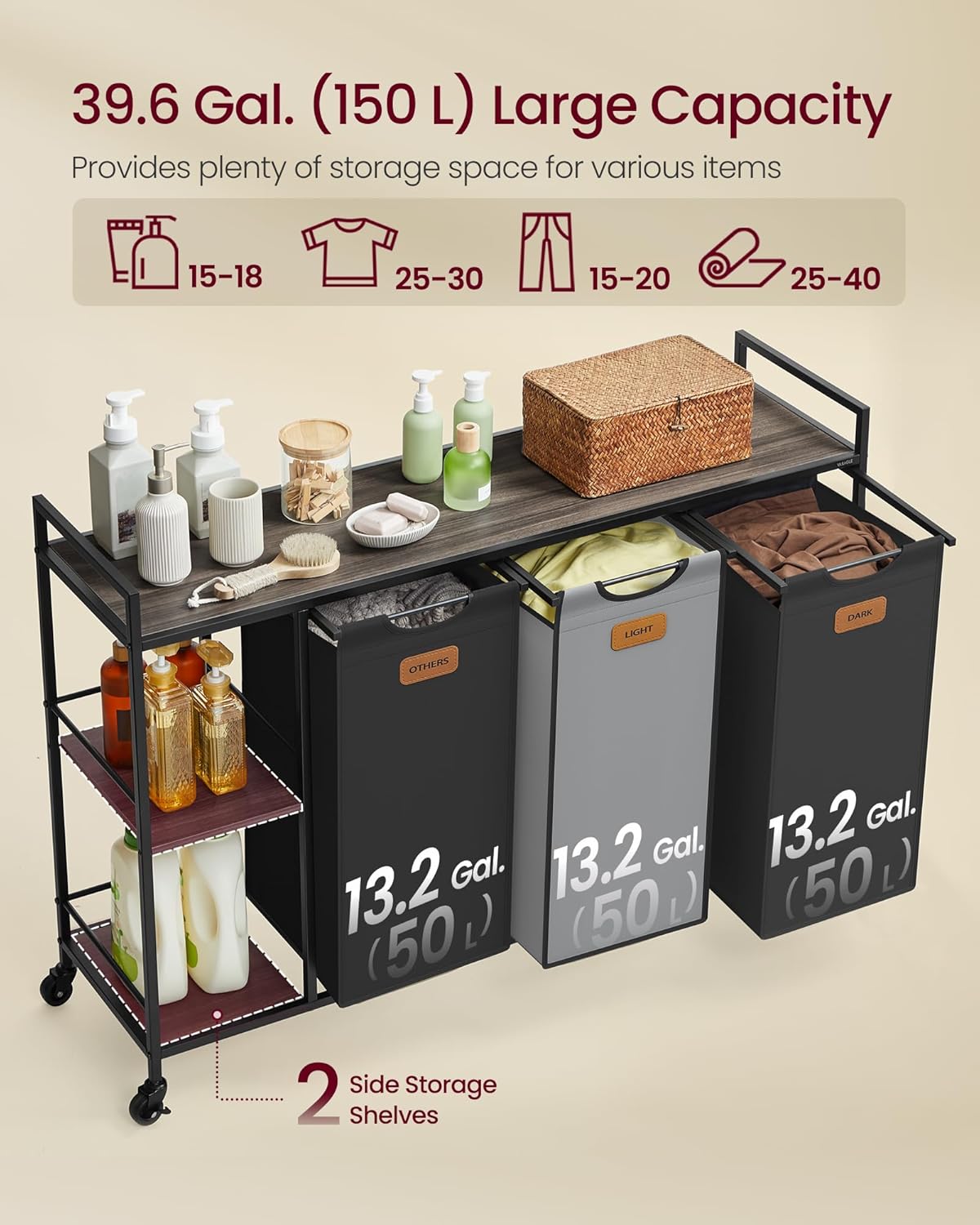 VASAGLE szennyeskosár polcokkal és kerekekkel, 3 rekeszes, kivehető szennyeszsákokkal, 3x50 liter, 117x33x81 cm, barna és fekete - Image 2