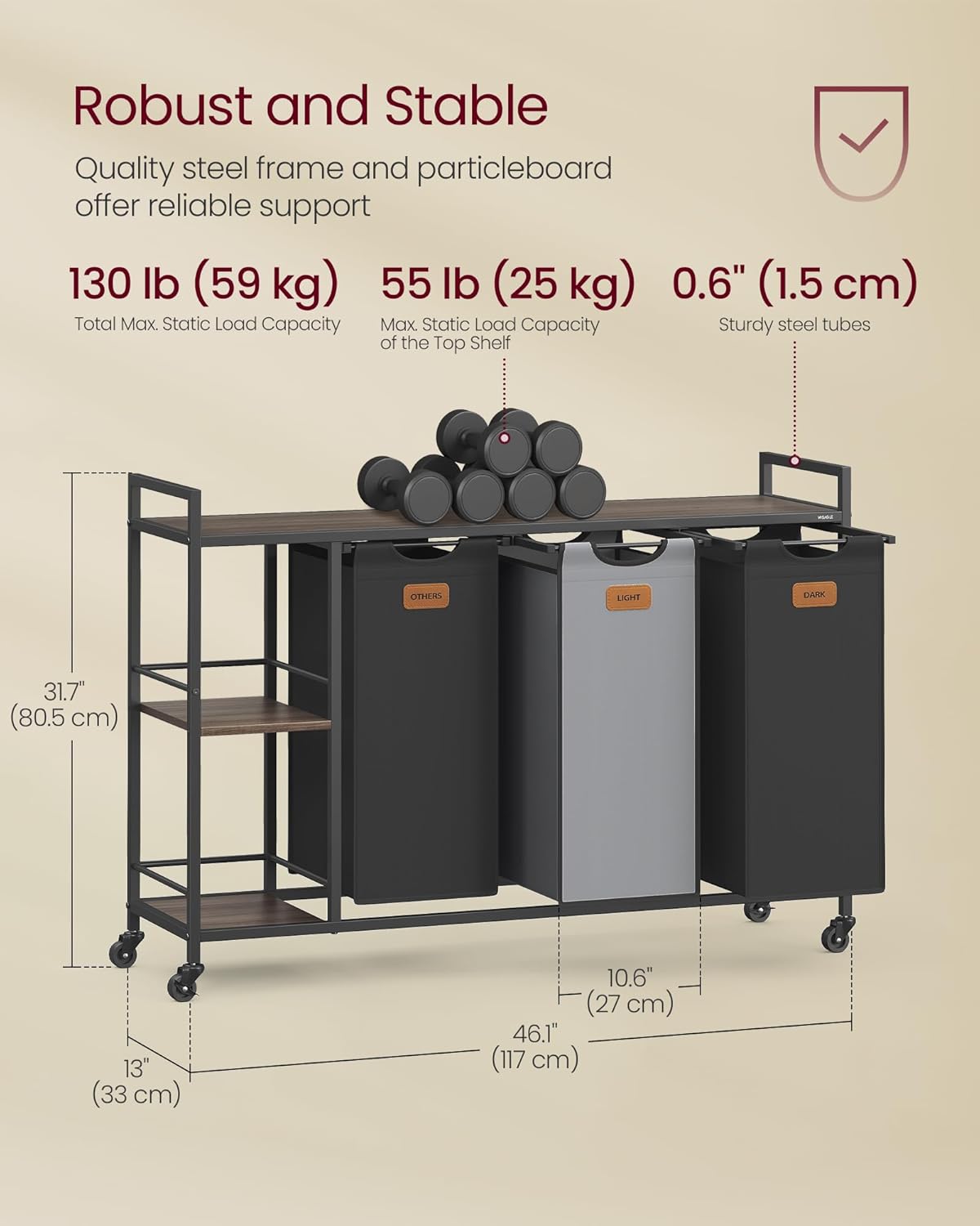 VASAGLE szennyeskosár polcokkal és kerekekkel, 3 rekeszes, kivehető szennyeszsákokkal, 3x50 liter, 117x33x81 cm, barna és fekete - Image 3