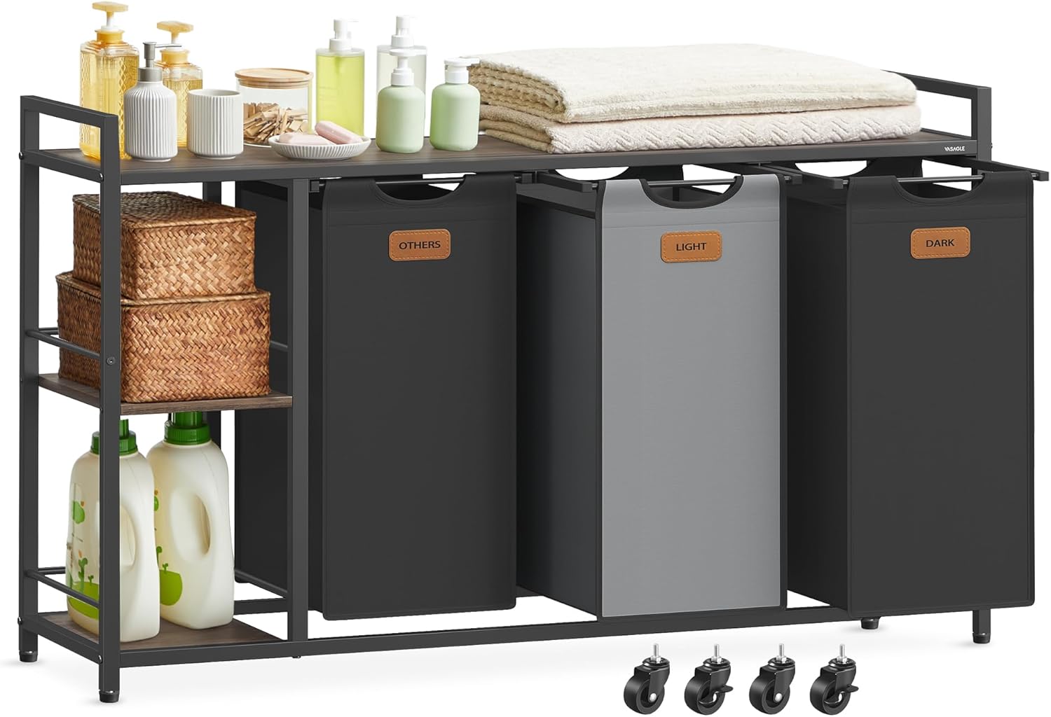 VASAGLE szennyeskosár polcokkal és kerekekkel, 3 rekeszes, kivehető szennyeszsákokkal, 3x50 liter, 117x33x81 cm, barna és fekete - Image 4