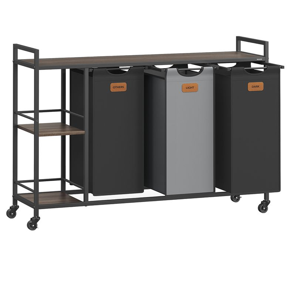 VASAGLE szennyeskosár polcokkal és kerekekkel, 3 rekeszes, kivehető szennyeszsákokkal, 3x50 liter, 117x33x81 cm, barna és fekete
