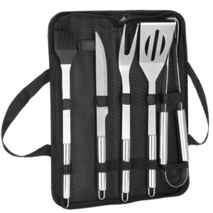 5 darabos grill eszközkészlet, rozsdamentes acél, hordtáskával, 37 x 14 x 5 cm, ezüstszínű