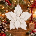 Karácsonyi virág szett 10 db, 12 cm, csillogó díszek, műanyag, fehér