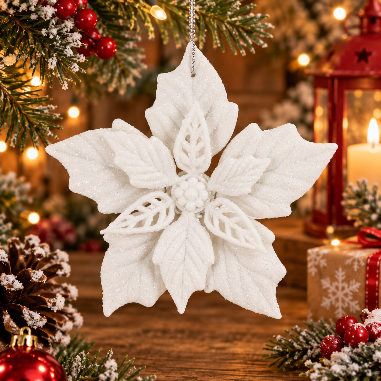 Karácsonyi virág szett 10 db, 12 cm, csillogó díszek, műanyag, fehér