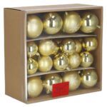Karácsonyi gömb szett 36 darab, különböző mintákkal, 6–8 cm átmérő, arany