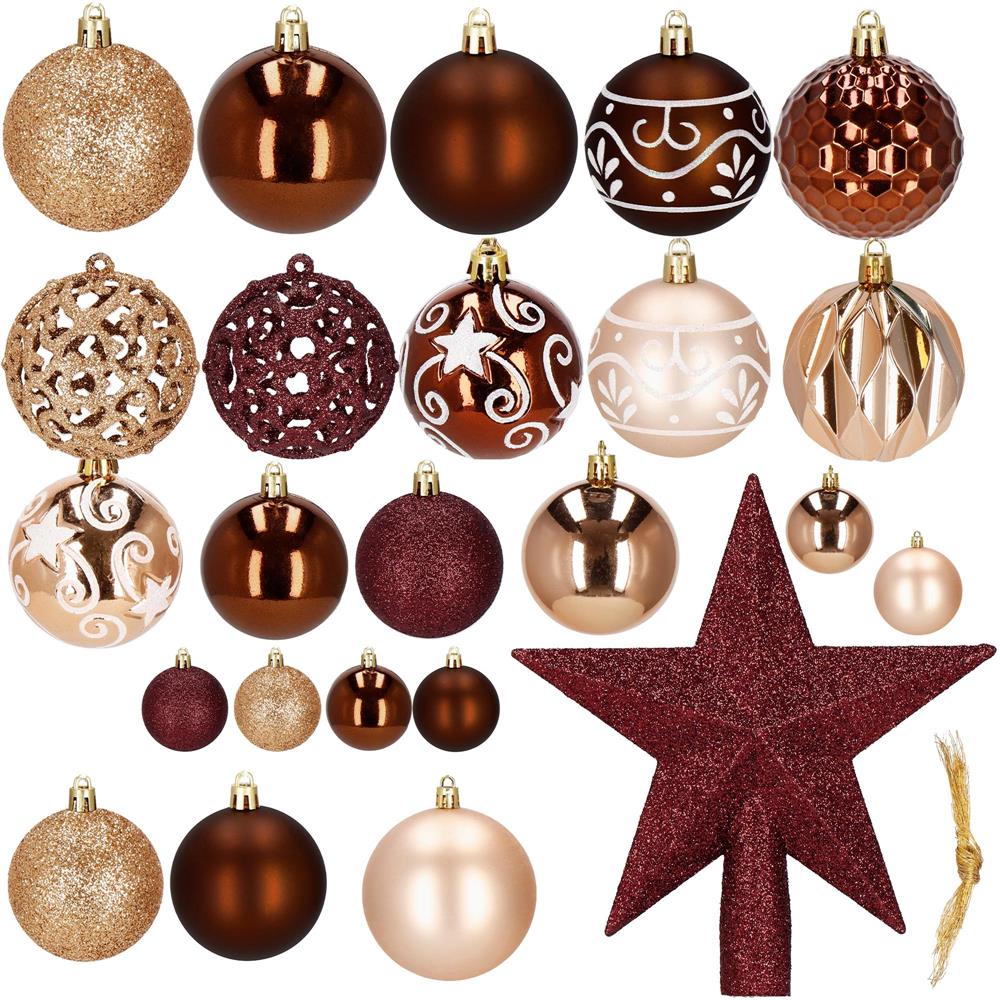 Karácsonyfa dísz szett gömbökkel és csúcsdísszel, 101 darab, műanyag, 3–7 cm, barna és rose gold - Image 11
