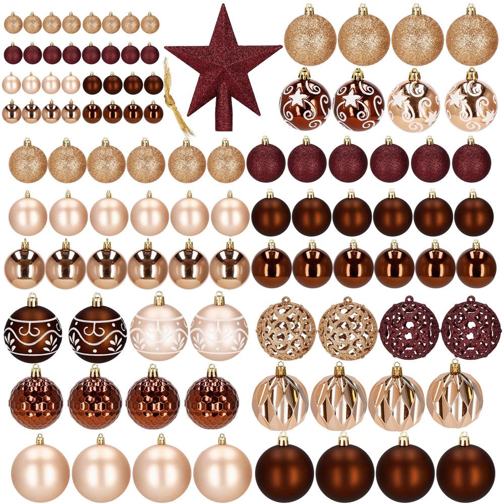 Karácsonyfa dísz szett gömbökkel és csúcsdísszel, 101 darab, műanyag, 3–7 cm, barna és rose gold - Image 12