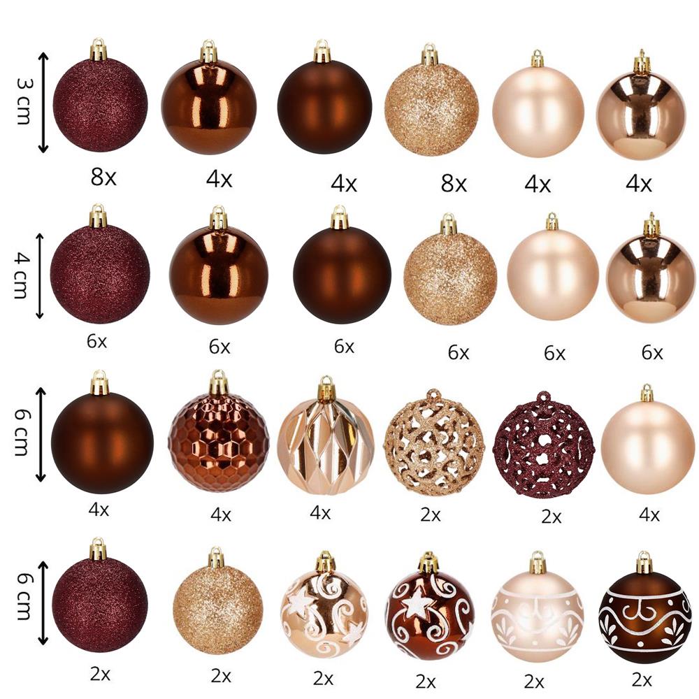 Karácsonyfa dísz szett gömbökkel és csúcsdísszel, 101 darab, műanyag, 3–7 cm, barna és rose gold - Image 30