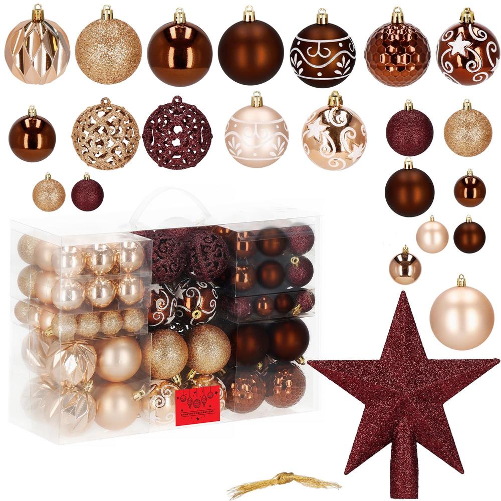 Karácsonyfa dísz szett gömbökkel és csúcsdísszel, 101 darab, műanyag, 3–7 cm, barna és rose gold - Image 10