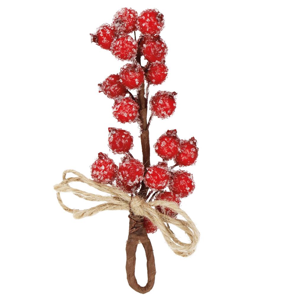 Dekoratív ág mű vörösáfonya bogyókkal és juta zsinórral, 15x5,5 cm, piros