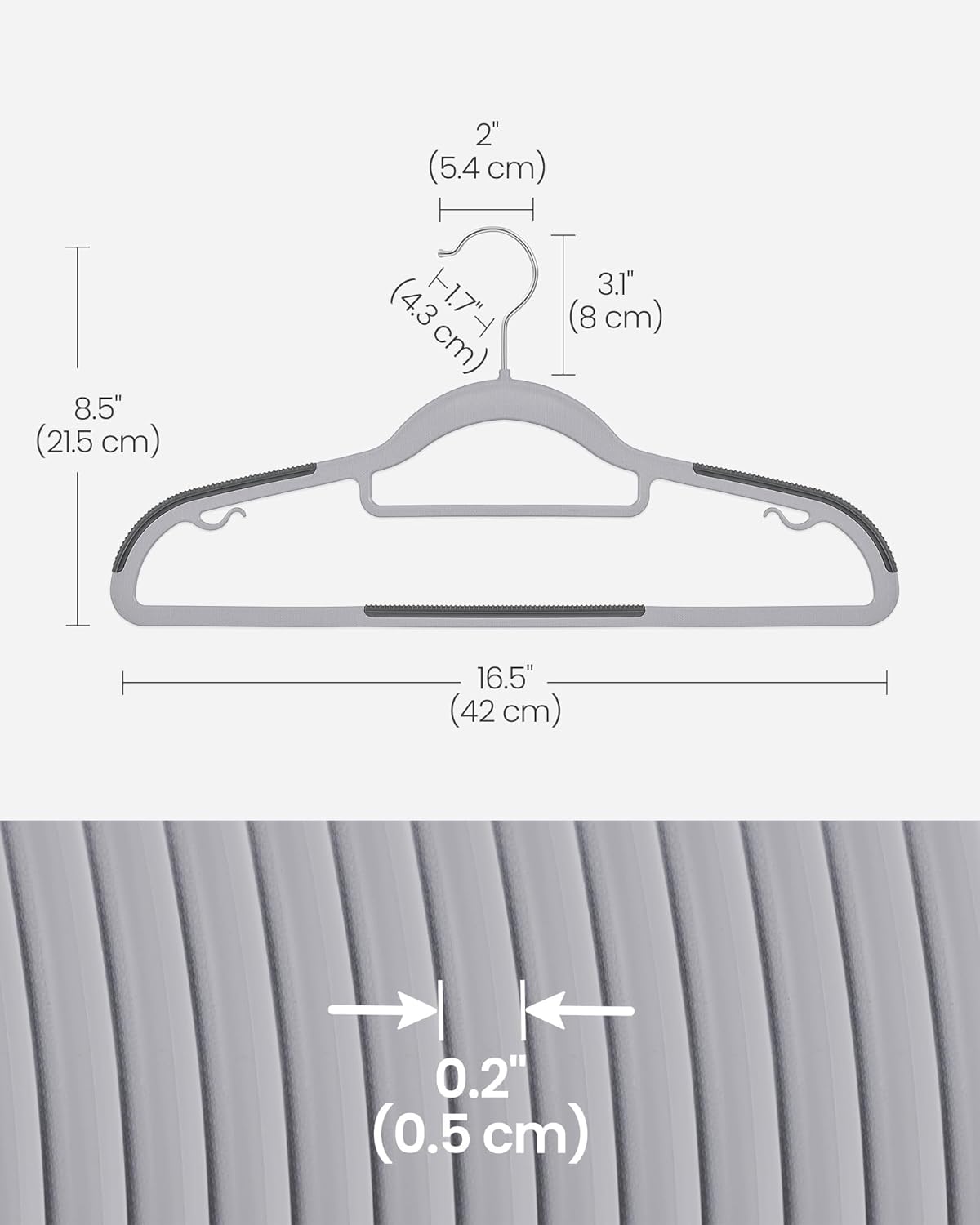 SONGMICS 50 darabos vékony műanyag vállfa szett, csúszásmentes, U alakú kivágással, 360°-ban forgatható kampóval, 42 cm, szürke - Image 2
