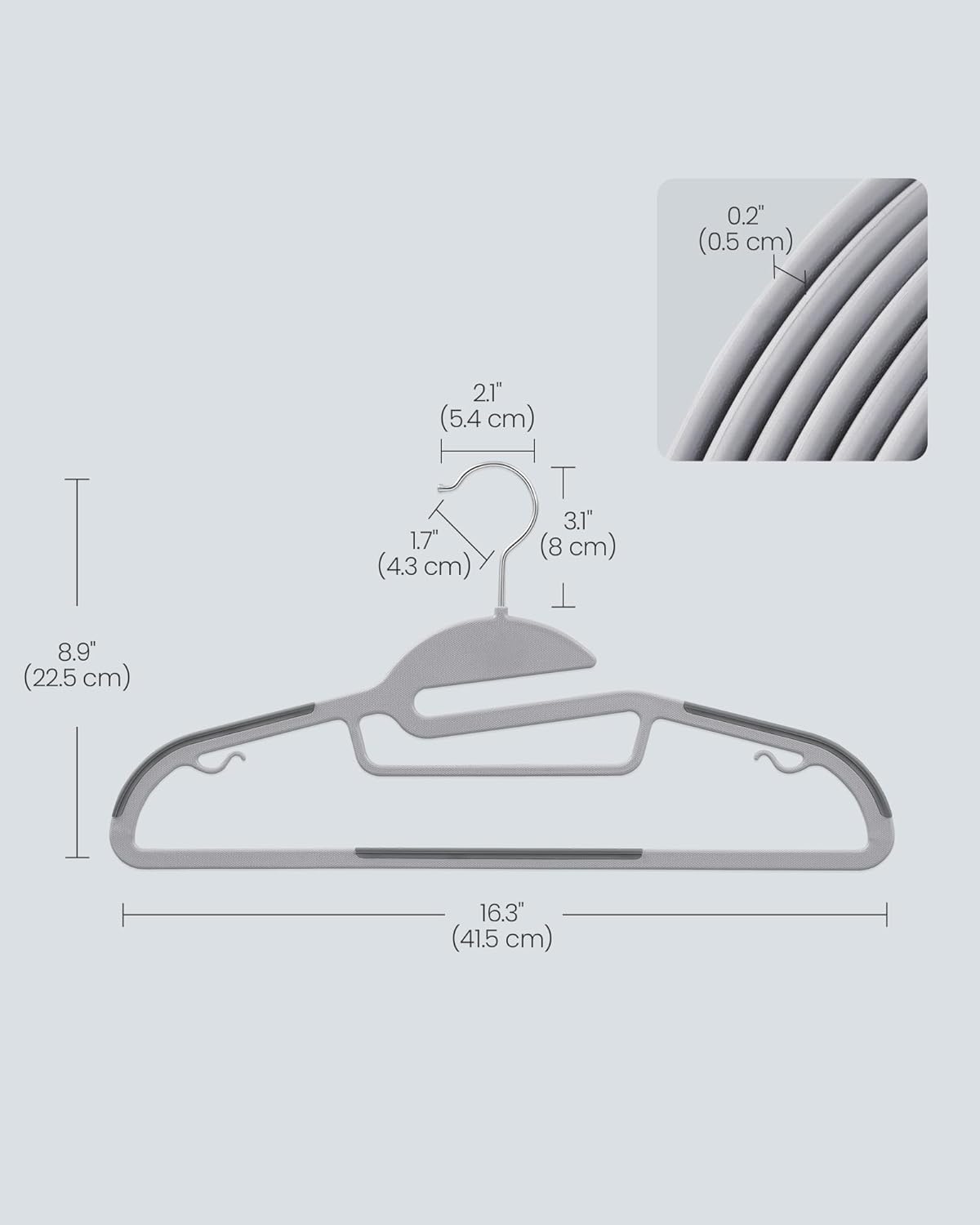 SONGMICS 20 db vékony műanyag vállfa készlet, csúszásmentes, U alakú kivágással, 360°-ban forgatható kampóval, 42 cm, szürke - Image 2