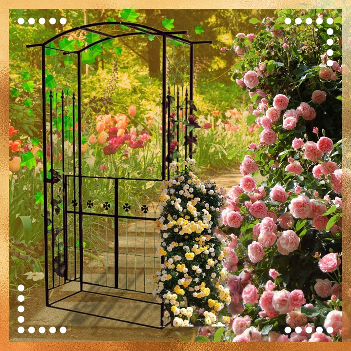 Fém kerti pergola kapuval, kúszónövény tartó, 106x50x217 cm, fekete - Image 4