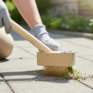Gyomeltávolító kefe háromszög alakú acél kaparóval és fa nyéllel, 28 cm